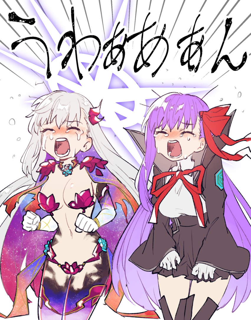 2girls bb_(fate) breasts crying fate/grand_order fate_(series) gloves hair_ribbon halo highres kama_(beast_iii/l)_(fate) kama_(fate) kimidorix32 large_breasts long_hair multiple_girls navel purple_hair ribbon starry_hair thighhighs very_long_hair white_gloves white_hair wide_sleeves