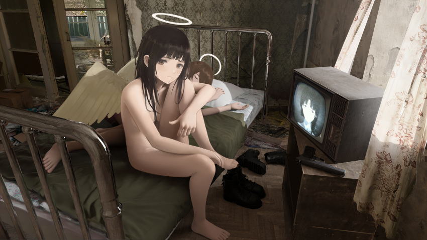 2girls angel angel_wings ankle_boots asymmetrical_hair bangs barefoot bed black_footwear black_hair blanket boots boots_removed closed_eyes closed_mouth commentary completely_nude cross-laced_footwear crt curtains day drawer floor full_body gun haibane_renmei hair_ornament hair_over_one_eye halo handgun highres indoors invicta_luna iwakura_lain knee_up lace-up_boots long_hair looking_at_viewer messy_room mirror multiple_girls nude one_eye_covered picture_frame pillow pistol rakka_(haibane) reflection reki_(haibane) serial_experiments_lain single_sidelock sitting sleeping straight_hair sunlight swept_bangs television weapon white_wings wings x_hair_ornament
