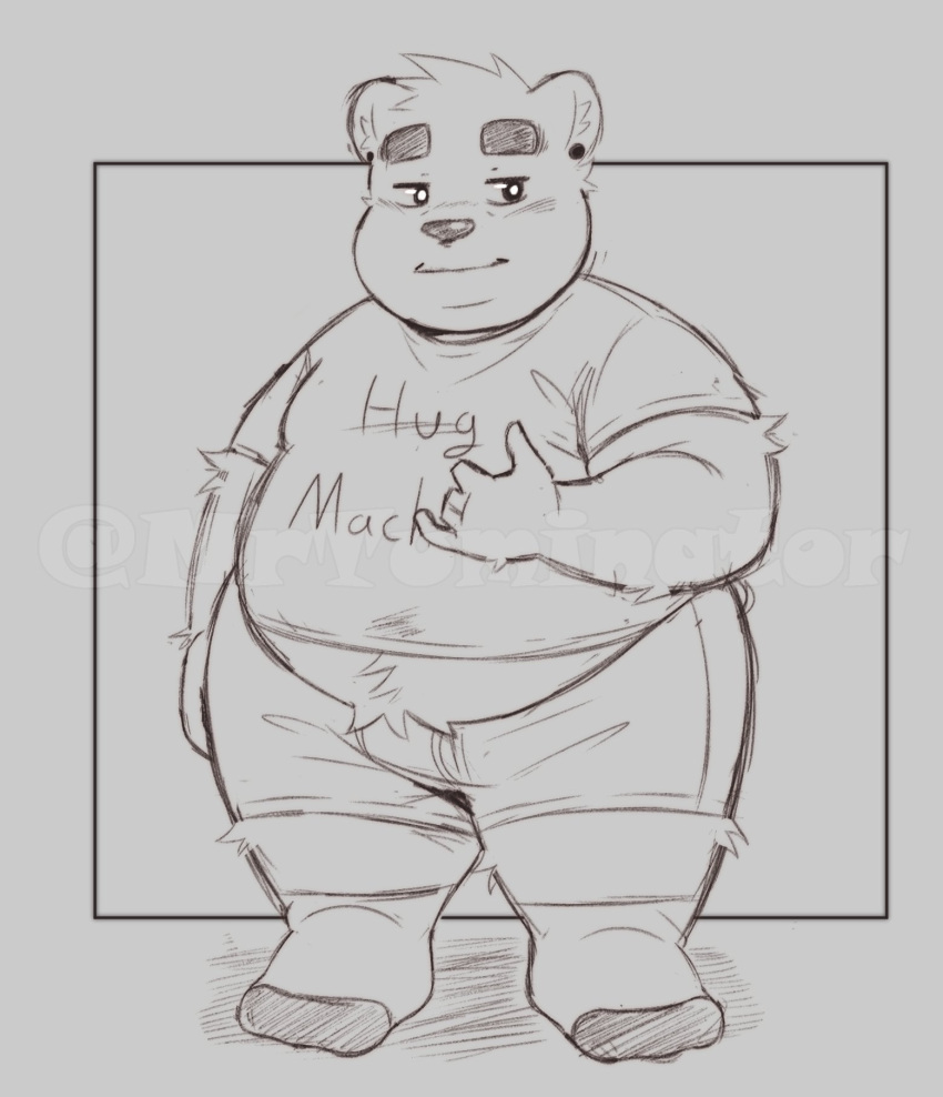 2022 anthro belly big_belly blush bottomwear clothing distracting_watermark hi_res humanoid_hands male mammal mrtuminator overweight overweight_male shirt shorts solo text text_on_clothing text_on_shirt text_on_topwear topwear ursid watermark
