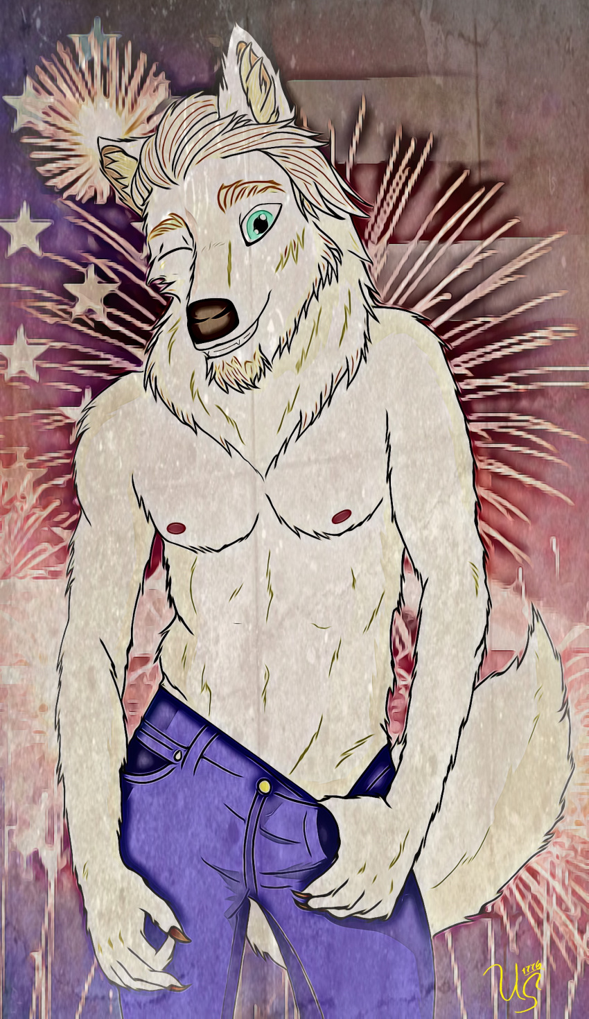 4th_of_july absurd_res anthro athletic athletic_anthro athletic_male canid canine canis clothed clothing fireworks hi_res male mammal nipples one_eye_closed original_characters pulling_pants_down sam_(unclesam1776) solo stars_and_stripes striptease teasing topless unclesam1776 united_states_of_america wink wolf