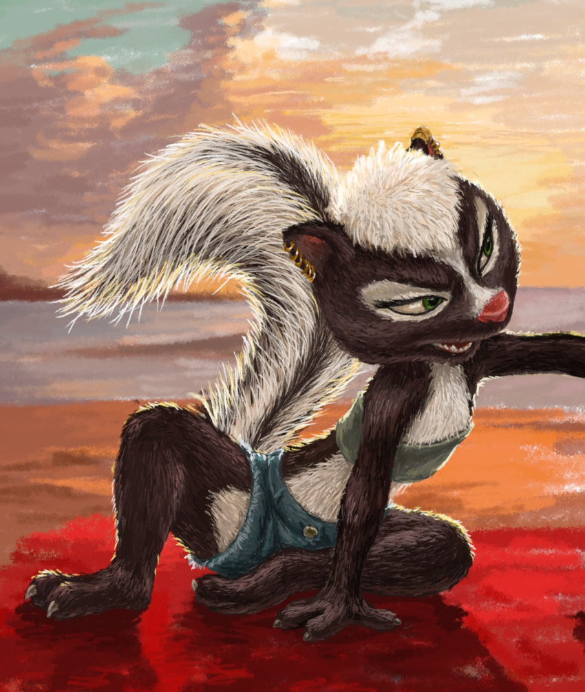 anthro black_body black_fur chickenhare_and_the_hamster_of_darkness clothing ear_piercing female fur green_eyes hi_res mammal meg_(chickenhare) mephitid netflix painting_(artwork) piercing sitting sitting_on_ground skunk solo stas_sharov traditional_media_(artwork) unfinished