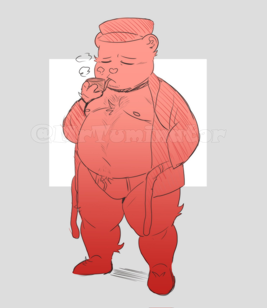 2022 anthro belly big_belly clothed clothing distracting_watermark eyes_closed happy_tree_friends hat headgear headwear hi_res male mammal moobs mrtuminator navel nipples open_clothing open_robe overweight overweight_male pop_(htf) robe simple_background solo underwear ursid watermark