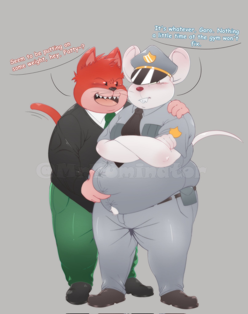 2021 anthro belly belly_grab big_belly black_nose blush bottomwear clothing dialogue distracting_watermark domestic_cat duo english_text felid feline felis goro_(mappy) hat headgear headwear hi_res humanoid_hands male mammal mappy mappy_(character) mouse mrtuminator murid murine necktie overweight overweight_male pants police police_badge police_hat police_officer police_uniform red_body red_nose rodent shiftylook shirt text topwear uniform video_games watermark white_body