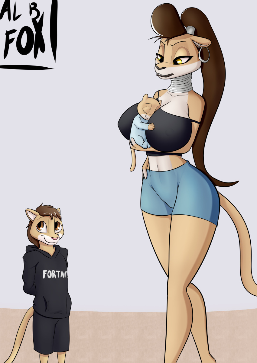 absurd_res age_difference albinefox anthro anthro_on_anthro baby breasts brown_hair clothed clothing duo fangs father father_and_child felid female fluffy fluffy_tail fur hair hi_res lion male male/female mammal mother mother_and_child older_female open_mouth pantherine parent parent_and_child simple_background sleeping smile teeth thick_thighs wide_hips yellow_body yellow_eyes yellow_fur young younger_male