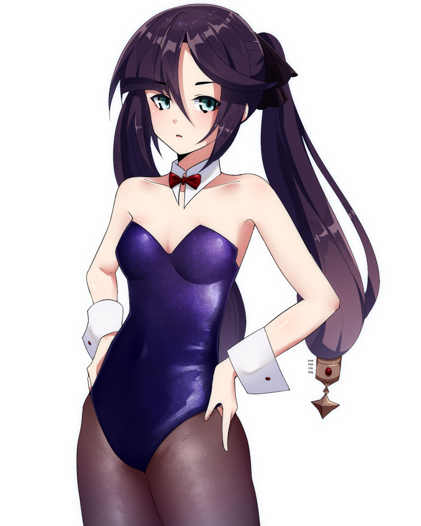 1girl artist_name bare_shoulders black_hair black_legwear bow bowtie cowboy_shot detached_collar genshin_impact green_eyes hair_between_eyes hands_on_hips highres leotard mona_(genshin_impact) painttool_sai_(medium) purple_leotard red_bow red_bowtie simple_background solo strapless strapless_leotard thighs twintails vvernerluniq white_background