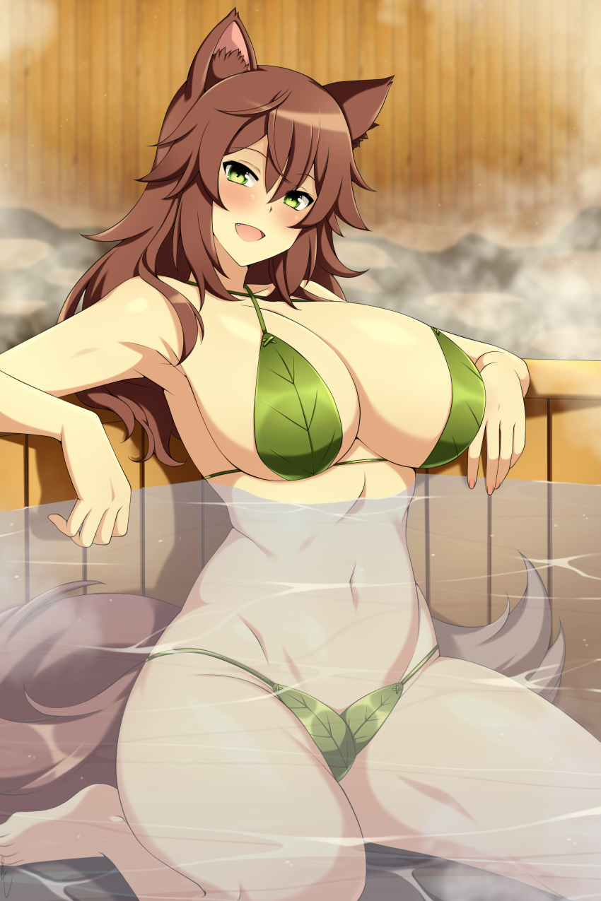 5_fingers absurd_res animal_humanoid big_breasts bikini blush breasts brown_hair canid canid_humanoid canine canine_humanoid clothing female fingers green_eyes hair hi_res high_school_prodigies hot_spring humanoid leaf_clothing lindaroze_(artist) long_hair looking_at_viewer mammal mammal_humanoid navel onsen open_mouth partially_submerged sitting smile solo steam swimwear thick_thighs water winona_(high_school_prodigies) wolf_humanoid wolf_tail