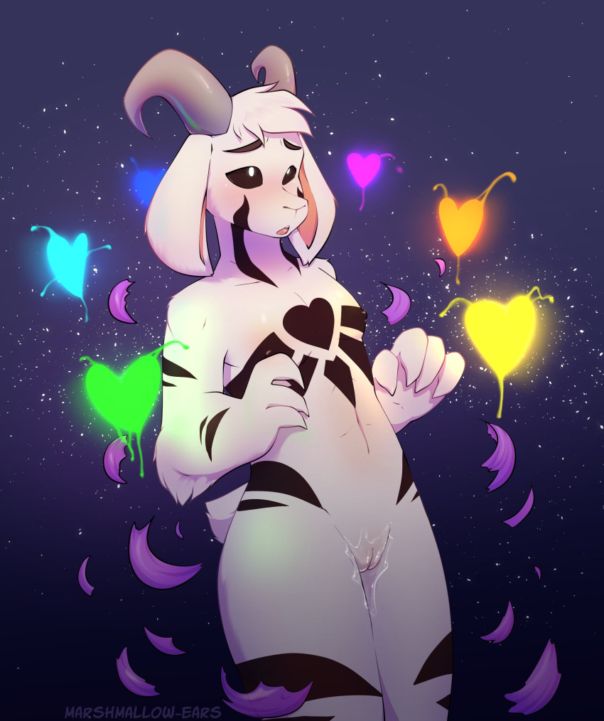 absurd_res andromorph animal_genitalia anthro asriel_dreemurr asriel_dreemurr_(god_form) black_sclera blush bodily_fluids boss_monster bovid breasts caprine clothing ejaculation fur genital_fluids genitals goat hair hands-free hi_res horn intersex long_ears mammal marshmallow-ears medium_breasts nude pussy pussy_juice sheath solo solo_focus stripes tail_tuft torn_clothing tuft undertale undertale_(series) video_games white_body white_fur white_hair wide_hips