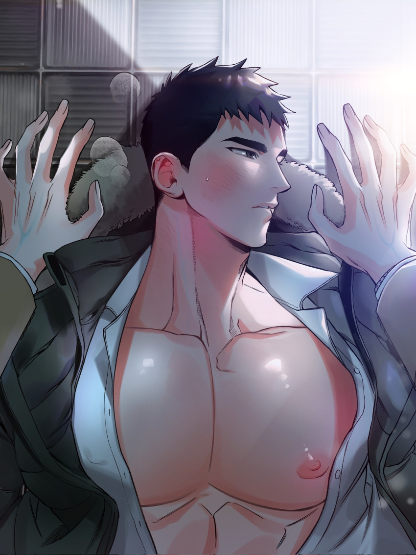2boys bara bare_pectorals black_hair blush chlthd_990 coat collared_shirt couple half-closed_eyes hand_pov highres hooded_coat large_pectorals looking_to_the_side male_focus manly multiple_boys nipples on_floor open_clothes open_shirt original pectorals shirt short_hair spiked_hair sweat sweatdrop unbuttoned