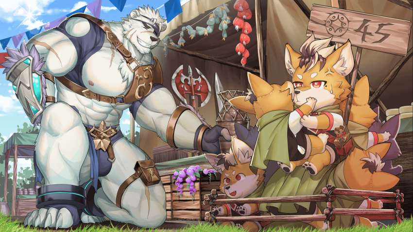 2boys abs axe bag bara bare_pectorals bear_boy bottle brown_hair cape claws closed_eyes cloud dog_boy eyepatch fingerless_gloves food fruit furry furry_male gauntlets glass gloves gyee hank_(gyee) highres jar kneeling kumahachi large_pectorals legband looking_at_another looking_to_the_side lukka_(gyee) male_focus male_swimwear manly mature_male multicolored_fur multiple_boys muscular muscular_male nipples official_art orange_fur outdoors pectorals scar scar_on_arm scar_on_chest scar_on_face scar_on_leg sign sitting size_difference smile spiked_hair stuffed_animal stuffed_toy swim_briefs sword teeth thick_arms thick_eyebrows thick_thighs thighs weapon white_fur yellow_eyes
