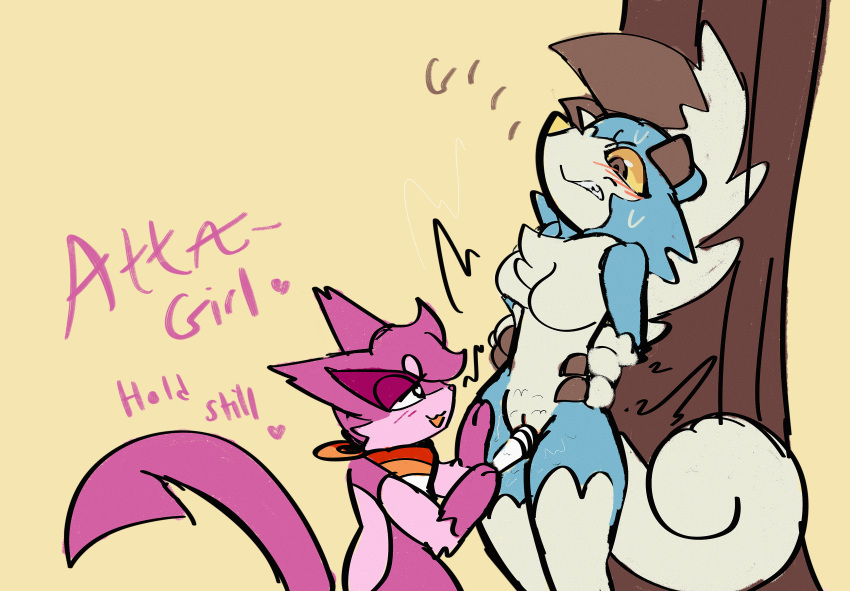 absurd_res anthro bloowolfy dialogue duo female female/female feral growling hi_res lycanroc midnight_lycanroc nintendo pok&eacute;mon pok&eacute;mon_(species) purrloin sex_toy vibrator video_games