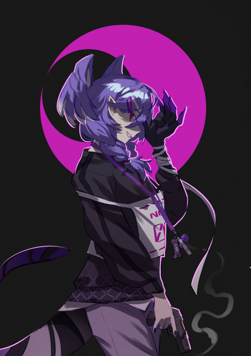 1girl absurdres apex_legends black_background black_sweater braid dragon_girl dragon_tail from_side gun hair_behind_ear handgun head_wings highres holding holding_gun holding_weapon lanyard maplesights nijisanji nijisanji_en p2020_(pistol) pistol pointy_ears purple_hair selen_tatsuki smile smoke smoking_gun solo sweater tail twin_braids virtual_youtuber weapon