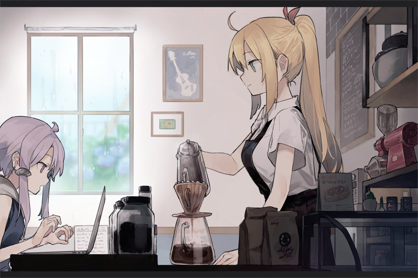 2girls ahoge apron bag black_apron blonde_hair cafe coffee_filter coffee_pot commentary computer framed_image from_side green_eyes guitar hair_tubes hitogome holding_kettle indoors instrument laptop long_hair menu_board multiple_girls open_mouth ponytail pot pouring purple_eyes purple_hair shelf shirt short_hair_with_long_locks short_sleeves sidelocks sitting standing tsurumaki_maki upper_body vocaloid voiceroid waitress white_shirt window yuzuki_yukari