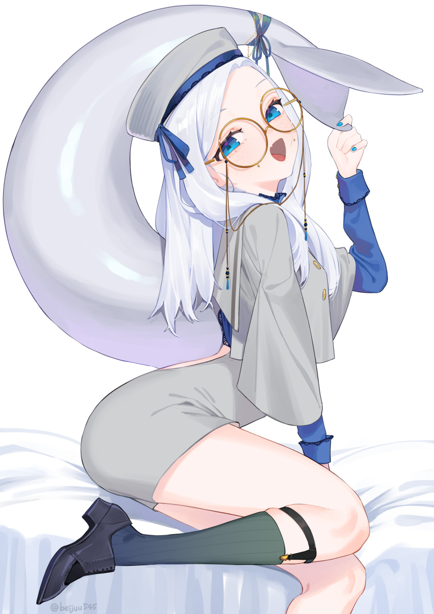 1girl absurdres beijuu beluga_casi beluga_whale black_footwear blue_eyes blue_nails buttons cetacean_tail fang glasses hat highres indie_virtual_youtuber kneehighs long_hair long_sleeves looking_at_viewer nail_polish open_mouth round_eyewear second-party_source shoes sitting skin_fang skindentation solo tongue virtual_youtuber white_background white_hair