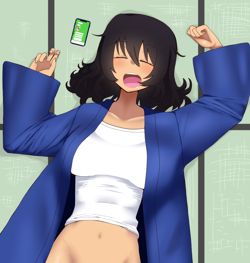 1girl absurdres andou_(girls_und_panzer) bangs black_hair breasts cellphone closed_eyes commentary dark-skinned_female dark_skin facing_viewer from_above girls_und_panzer groin hanten_(clothes) highres jacket large_breasts long_sleeves lying medium_hair messy_hair navel on_back open_clothes open_jacket open_mouth phone saliva shirt shita_(yagisauce_07) sleeping smartphone solo tatami white_shirt