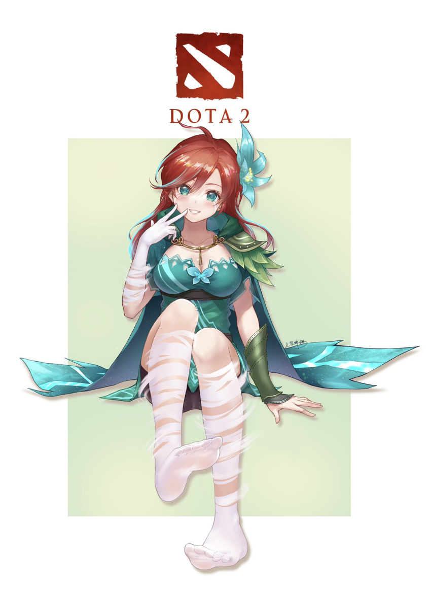 1girl :d ahoge bangs border breasts cape cleavage dota_(series) dota_2 dress flower full_body gauntlets green_background green_cape green_dress green_eyes grin hair_flower hair_ornament highres invisible_chair jokanhiyou long_hair looking_at_viewer open_mouth orange_hair single_gauntlet sitting smile soles solo toes white_border windranger_(dota)