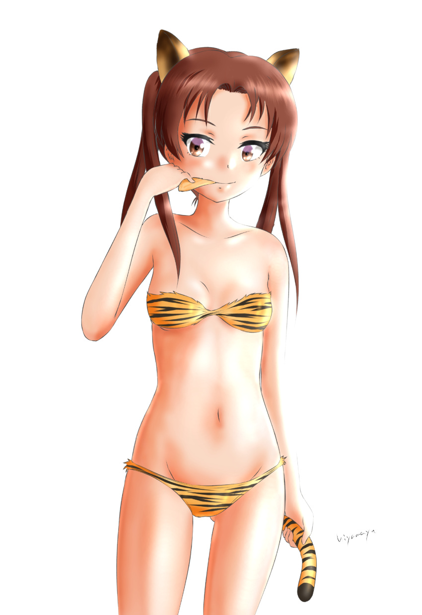 1girl absurdres animal_ears animal_print artist_name bangs bare_shoulders bikini breasts brown_eyes brown_hair chips closed_mouth commentary cowboy_shot eating food fur_bikini girls_und_panzer groin highres hiyama_yuu_(wee259hiyama) holding holding_food holding_own_tail kadotani_anzu long_hair looking_at_viewer navel parted_bangs potato_chips print_bikini signature simple_background small_breasts smile solo standing strapless strapless_bikini swimsuit tail tiger_ears tiger_print tiger_tail twintails white_background yellow_bikini