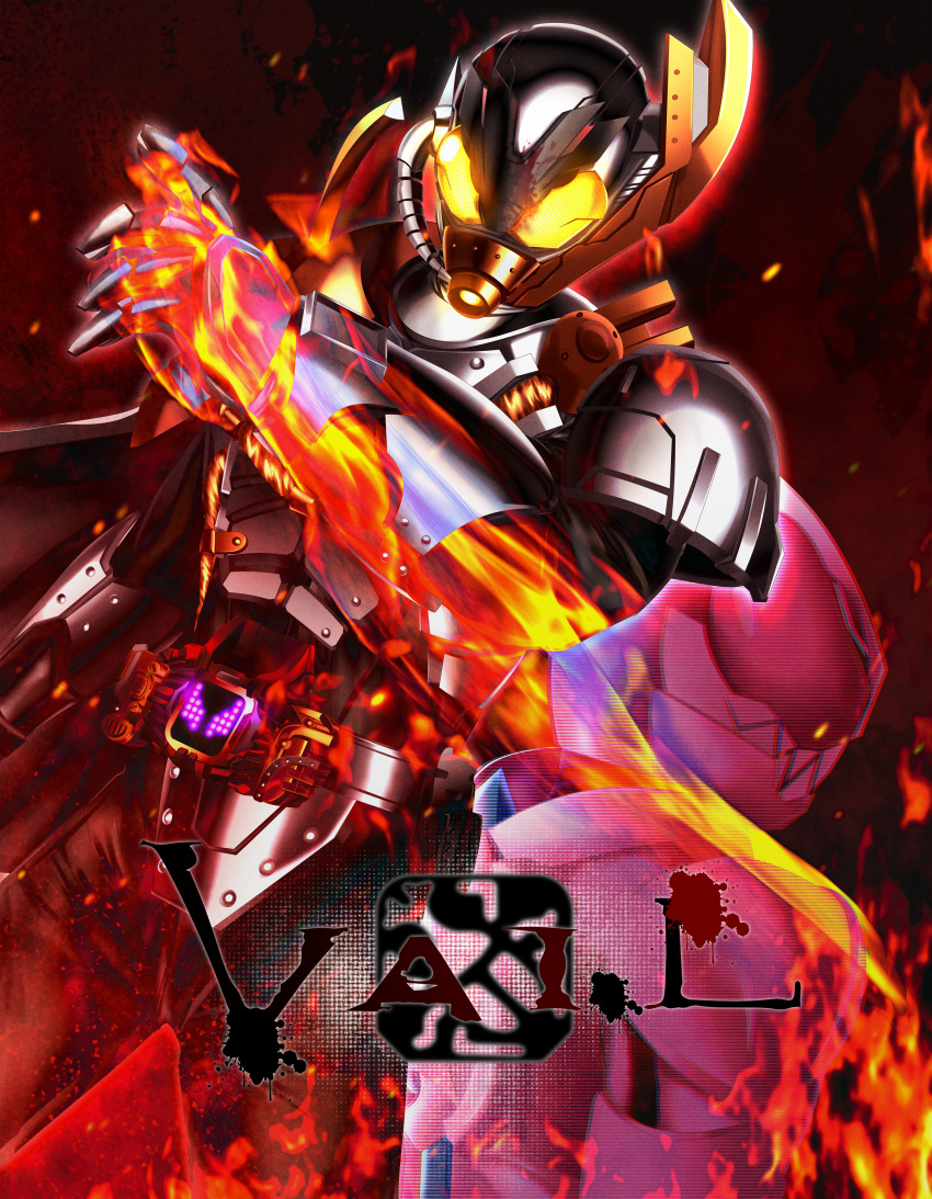 2boys absurdres armor artist_name asymmetrical_armor beetle black_bodysuit blood blood_on_face bodysuit bug cape character_name compound_eyes copyright_name cowboy_shot father_and_son fiery_background fire flaming_eye gas_mask gloves glowing glowing_eyes highres kabuto_genome kamen_rider kamen_rider_revi kamen_rider_revice kamen_rider_vail male_focus mask military military_uniform multiple_boys orange_cape pink_armor pixelated profile reiei_8 revice_legacy:kamen_rider_vail rex_genome rhinoceros_beetle sharp_teeth silver_gloves single_wing solo solo_focus stamp_mark teeth tokusatsu tyrannosaurus_rex uniform wings