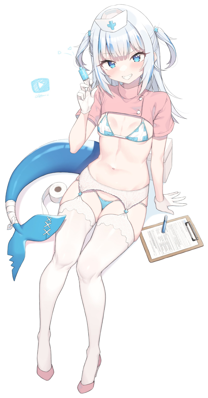 1girl absurdres alternate_costume bikini blue_eyes blue_hair blush bra breasts clipboard cloba fish_tail garter_belt gawr_gura gloves grin hair_ornament hat highres holding holding_syringe hololive long_hair looking_at_viewer multicolored_hair navel nurse nurse_cap shark_girl shark_hair_ornament shark_tail simple_background sitting small_breasts smile solo streaked_hair swimsuit swimsuit_under_clothes syringe tail teeth thighhighs two_side_up underwear virtual_youtuber white_background white_gloves white_legwear