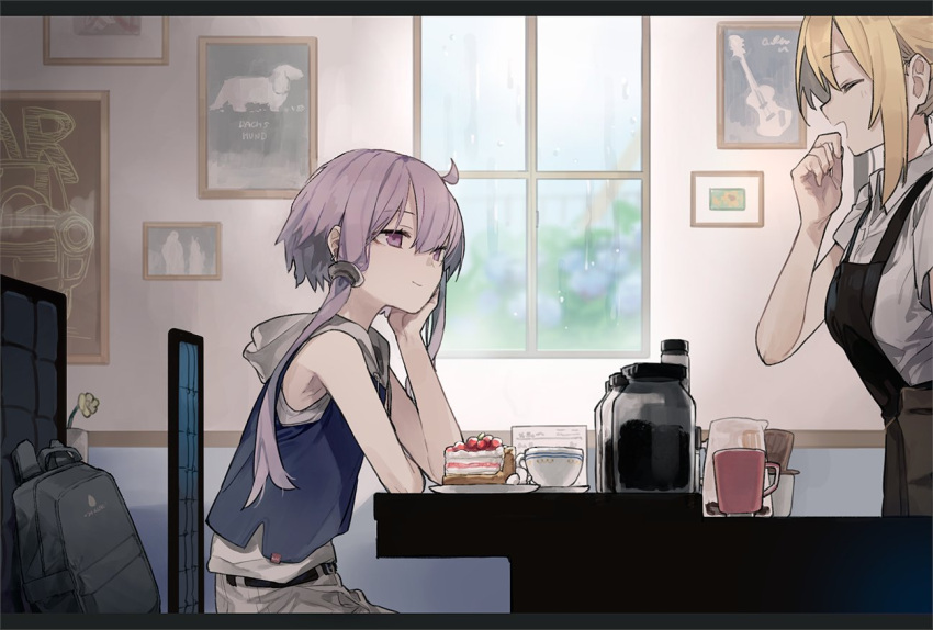 2girls apron arm_support bag black_apron blonde_hair cafe cake chair clenched_hand commentary computer cup flower food framed_image from_side hand_on_own_chin hand_to_own_mouth hitogome indoors laptop looking_at_another multiple_girls pot purple_eyes purple_hair school_bag shirt short_hair_with_long_locks short_sleeves sidelocks sitting smile standing symbol-only_commentary teacup tsurumaki_maki upper_body vocaloid voiceroid waitress white_shirt window yuzuki_yukari