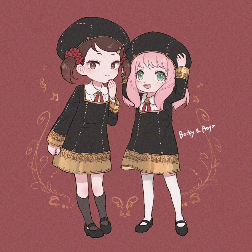 2girls :d anya_(spy_x_family) bangs becky_blackbell black_dress black_footwear black_hair black_headwear black_legwear black_pants character_name collared_shirt dress ebi_(shrimp0905) eden_academy_uniform female_child gold_trim green_eyes hair_ornament hair_scrunchie hairclip hairpods highres looking_at_viewer mary_janes medium_dress multiple_girls neck_ribbon pants pink_hair red_ribbon red_scrunchie ribbon scrunchie shirt shoes smile spy_x_family swept_bangs thighhighs twintails white_legwear