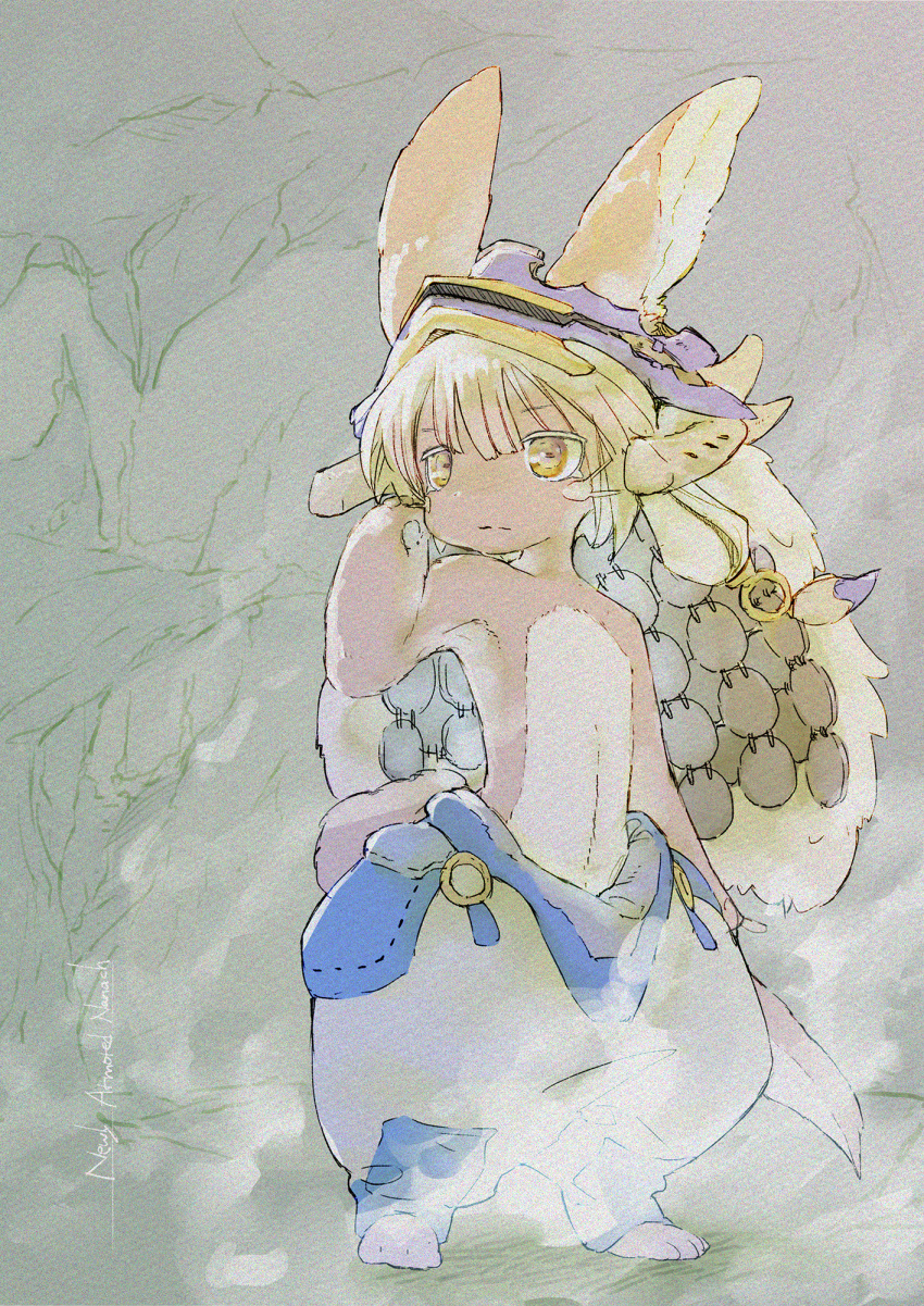 1other animal_ears arm_at_side blue_pants brown_fur buna_(beech_forest) character_name closed_mouth commentary_request english_text furry grey_hair hand_up helmet highres horizontal_pupils looking_to_the_side made_in_abyss nanachi_(made_in_abyss) other_focus pants puffy_pants short_hair solo split_mouth standing tail topless whiskers yellow_eyes