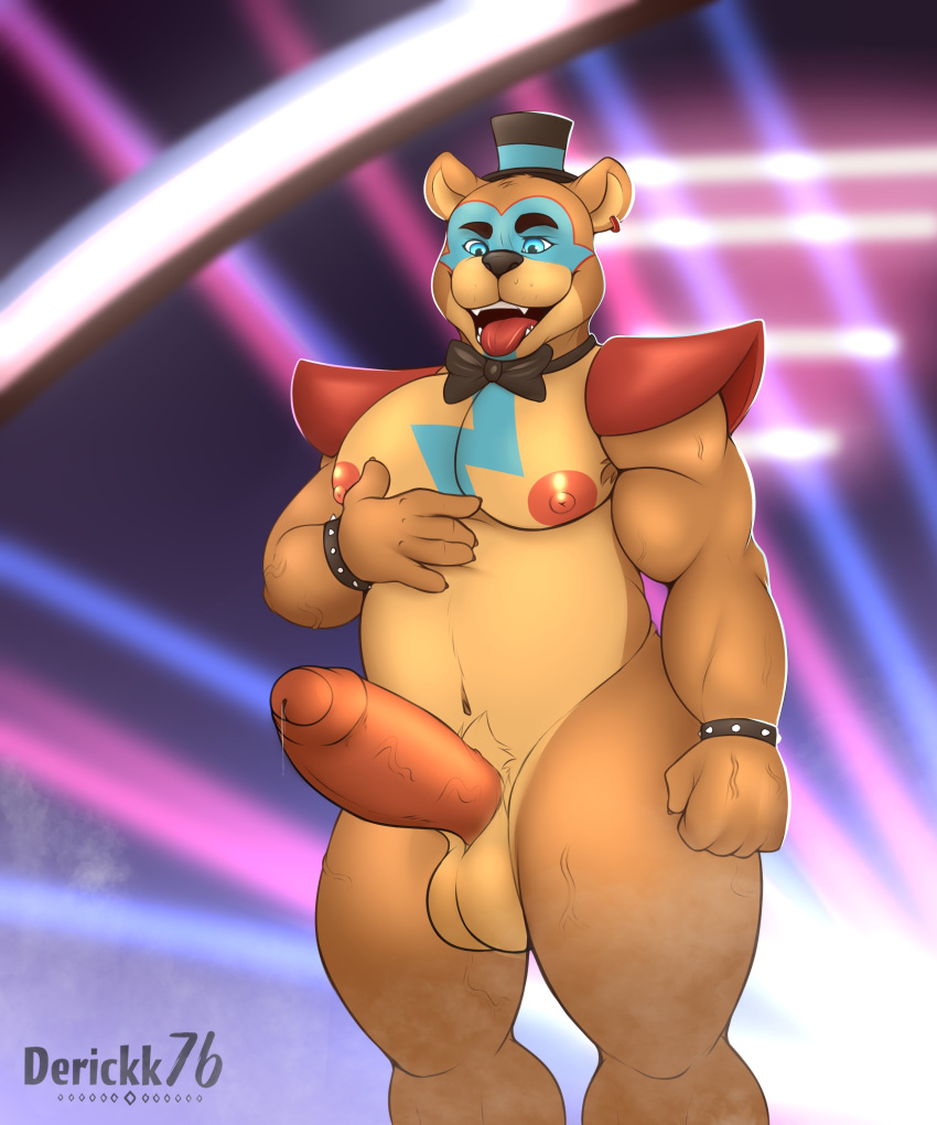absurd_res animatronic anthro balls bodily_fluids bow_tie deancrazz five_nights_at_freddy's five_nights_at_freddy's:_security_breach genital_fluids genitals glamrock_freddy_(fnaf) hi_res machine male mammal penis precum robot scottgames solo thick_thighs tongue tongue_out ursid video_games