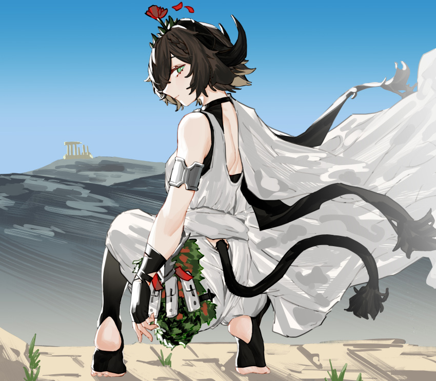 1girl absurdres arknights bangs black_gloves black_hair black_legwear fingerless_gloves flower flower_on_head full_body gloves green_eyes highres horns looking_at_viewer looking_back mountain no_shoes outdoors pallas_(arknights) pallas_(heritage)_(arknights) renxzd short_hair soles solo tail tiptoes toga