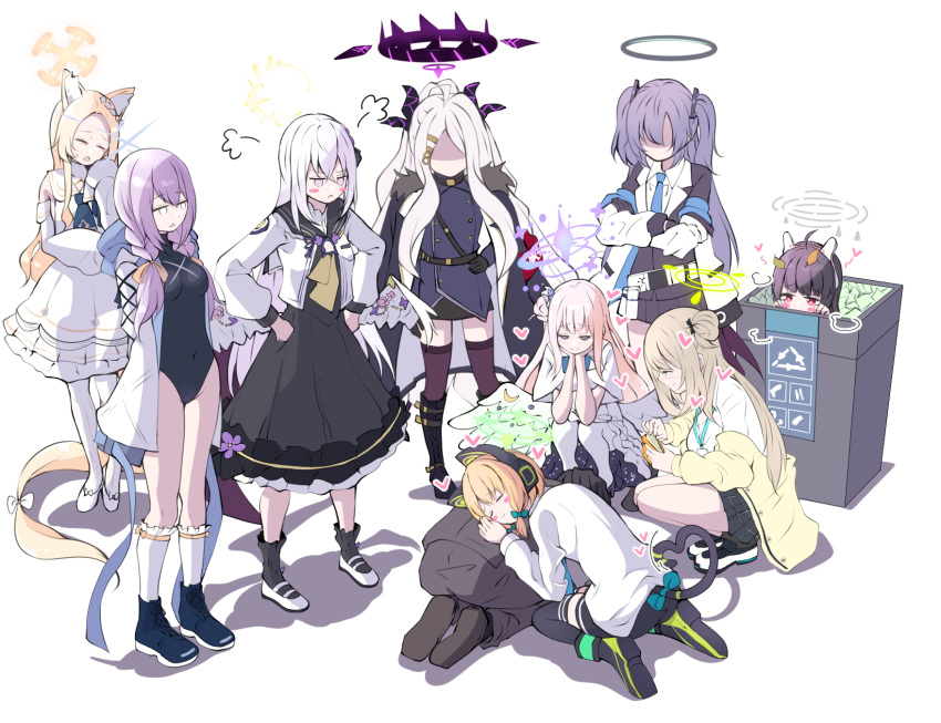 1boy 6+girls :&lt; :d ^_^ ^o^ absurdly_long_hair ahoge angry animal_ears arm_support armband arrow_(symbol) atsuko_(blue_archive) azusa_(blue_archive) bangs belt black_coat black_footwear black_gloves black_hair black_legwear black_leotard black_skirt blonde_hair blue_archive blush blush_stickers boots bow braid brown_hair business_suit cat_ears cat_girl cat_tail closed_eyes coat coat_on_shoulders collared_shirt commentary_request crossed_arms demon_girl demon_horns demon_wings detached_sleeves dogeza empty_eyes faceless faceless_female fake_animal_ears feathered_wings flower forehead formal fox_ears fox_girl fox_tail frilled_skirt frills full_body fur-trimmed_coat fur_trim gloves grey_eyes hair_bow hair_bun hair_flower hair_ornament hair_ribbon hair_scrunchie hairband hairclip halo hand_on_hip hands_on_hips headphones heart heart_tail high_heels highres hina_(blue_archive) hooded_coat horns jacket knee_boots kneehighs leaf leaf_on_head leotard light_brown_hair long_hair long_sleeves low-tied_long_hair low_twintails lying_on_person mary_janes midori_(blue_archive) mika_(blue_archive) military military_uniform miyu_(blue_archive) multiple_girls necktie nonomi_(blue_archive) off_shoulder one_side_up pantyhose parted_bangs parted_lips peeking_out pencil_skirt pink_hair plaid plaid_skirt pleated_skirt ponytail purple_eyes purple_hair purple_legwear rabbit_ears recycle_bin red_eyes ribbon school_uniform scrunchie seia_(blue_archive) seiza sensei_(blue_archive) serafuku shaded_face shadow shirt shoes short_hair short_sleeves sidelocks simple_background single_hair_bun single_side_bun sitting skirt sleeves_past_wrists smile sneakers socks squatting standing suit tail tail_bow tail_ornament tail_ribbon thighhighs thighs tonomiya68 tress_ribbon triangle_mouth twin_braids twintails two_side_up uniform very_long_hair white_background white_coat white_footwear white_hair white_legwear white_wings wide_sleeves wings yuuka_(blue_archive) zettai_ryouiki