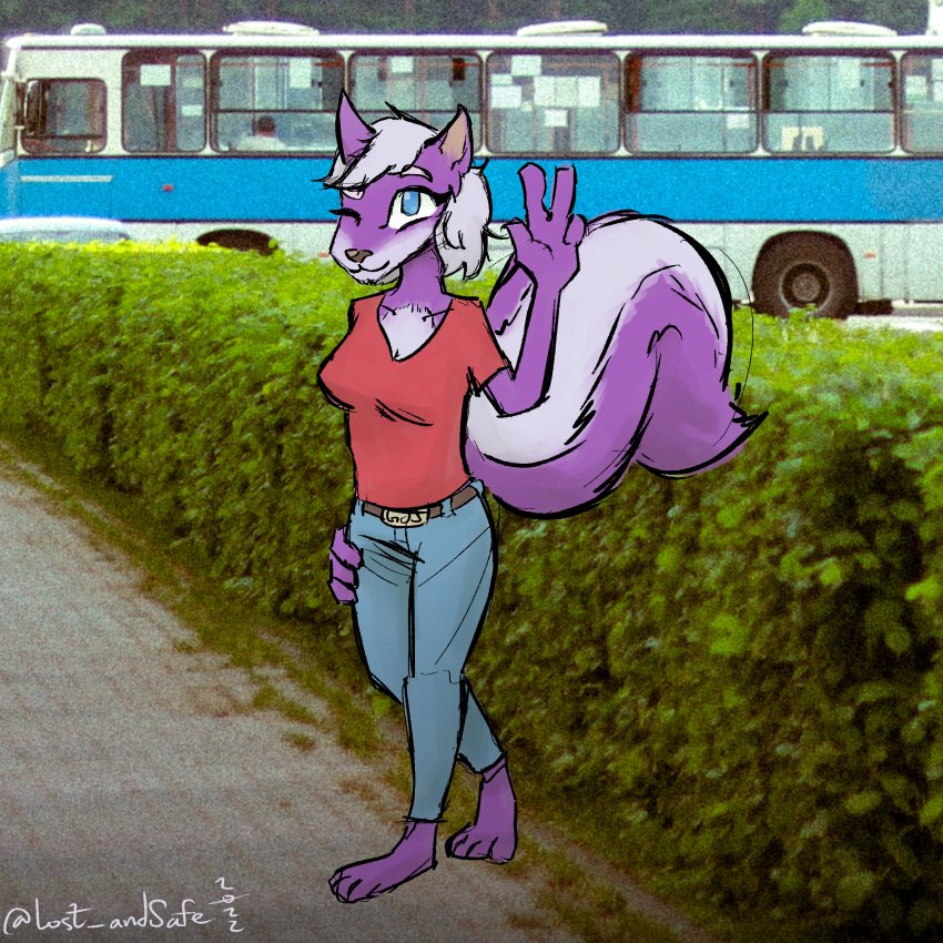 2022 absurd_res animal_humanoid anthro barefoot belt breasts clothed clothing colored digital_media_(artwork) feet female fingers fur gesture hair hi_res humanoid lost_andsafe mammal melissa_mouffette mephitid mike_and_melissa outside photo_background purple_body purple_fur skunk smile solo v_sign white_hair