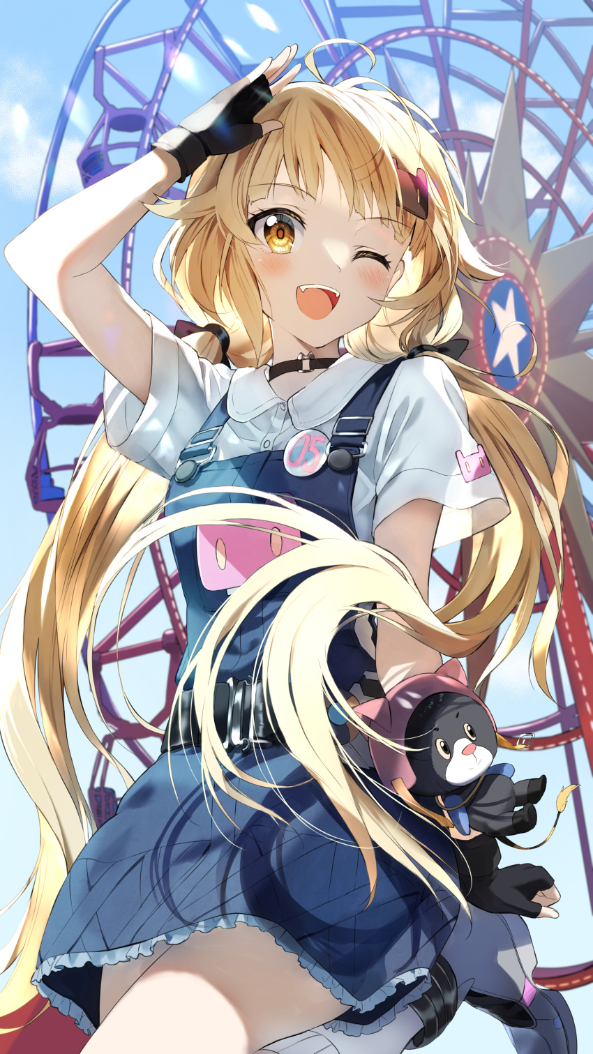 1girl ;d absurdres ahoge arm_up bangs black_choker blonde_hair blue_sky blush brown_eyes choker cloud collared_shirt commentary_request copyright_request day dress_shirt ferris_wheel frills grey_footwear hair_ornament highres long_hair looking_at_viewer low_twintails one_eye_closed outdoors overall_skirt pentagon_(railgun_ky1206) shirt shoes short_sleeves sky smile socks solo standing standing_on_one_leg star_(symbol) twintails very_long_hair white_legwear white_shirt
