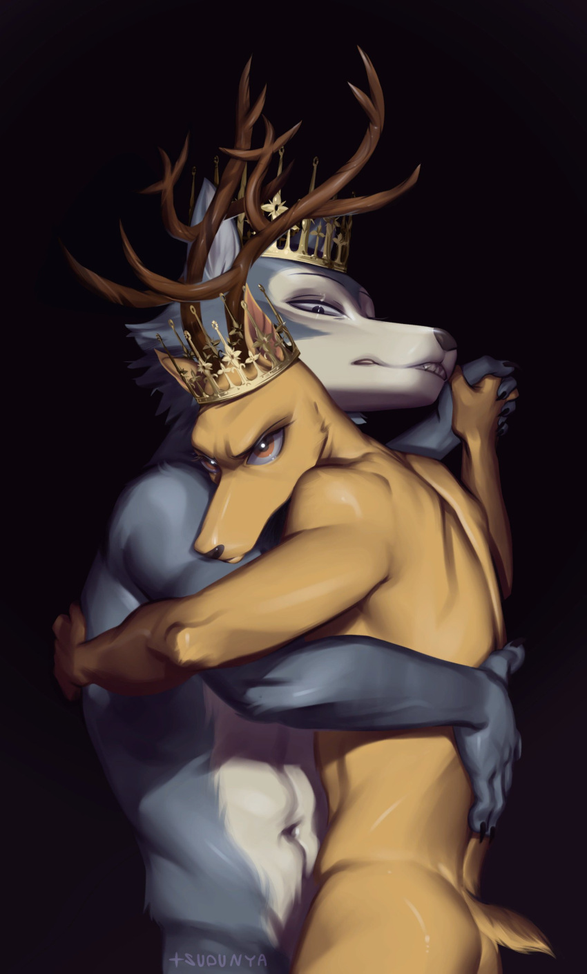 absurd_res beastars canid canine canis cervid crown dancing embrace hi_res hug legoshi_(beastars) louis_(beastars) male male/male mammal nude pose tsupunya wolf