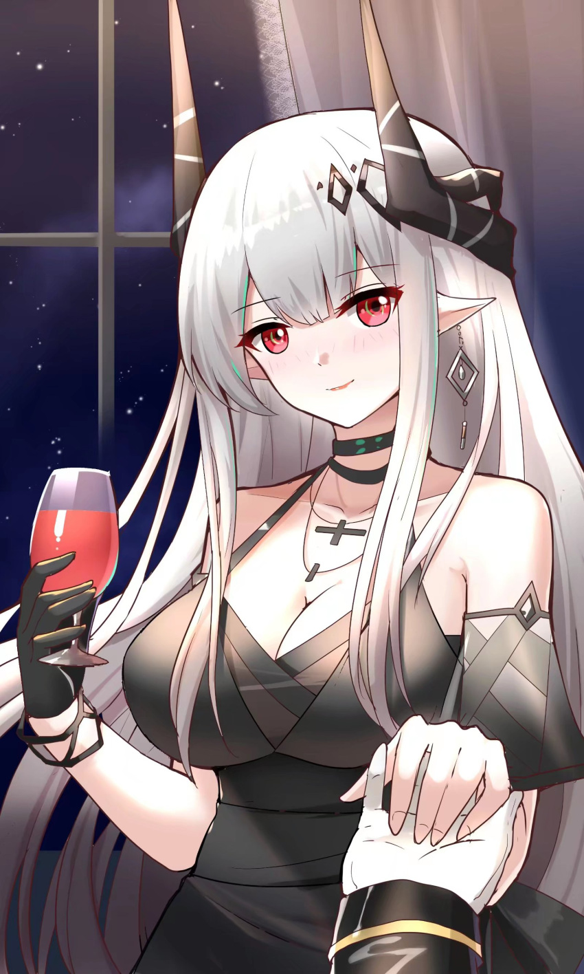 1girl absurdres alcohol arknights bangs black_dress black_gloves breasts cleavage cup cupping_glass curtains detached_sleeves dress earrings gloves highres holding holding_cup holding_hands horns indoors jewelry large_breasts long_hair looking_at_viewer mudrock_(arknights) mudrock_(obsidian)_(arknights) night night_sky official_alternate_costume pointy_ears red_eyes short_sleeves single_glove sky sleeveless sleeveless_dress smile solo_focus upper_body very_long_hair white_gloves white_hair window wine zhihe_box