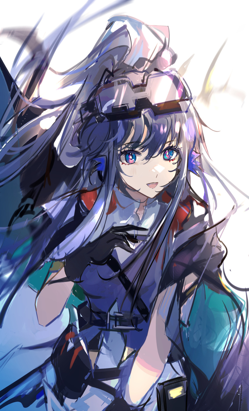 1girl :d absurdres arknights astesia_(arknights) black_gloves blue_eyes breasts diamond-shaped_pupils diamond_(shape) gloves goggles goggles_on_head hair_between_eyes hand_up highres long_hair looking_at_viewer open_mouth purple_hair purple_shirt qianzhu shirt short_sleeves sidelocks simple_background sketch small_breasts smile solo symbol-shaped_pupils teeth upper_body upper_teeth white_background