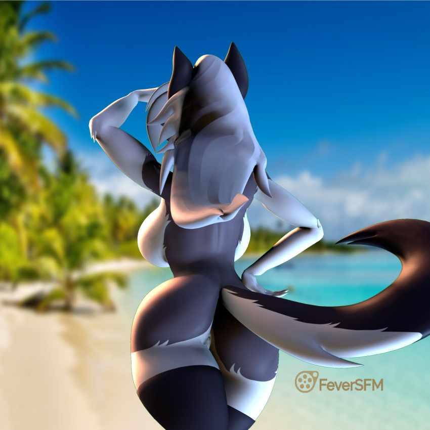 1:1 2021 3d_(artwork) anthro anus beach black_body black_fur breasts butt canid canid_demon demon digital_media_(artwork) female feversfm fingers fur genitals grey_hair hair hellhound helluva_boss hi_res loona_(helluva_boss) mammal outside pussy seaside solo white_body white_fur