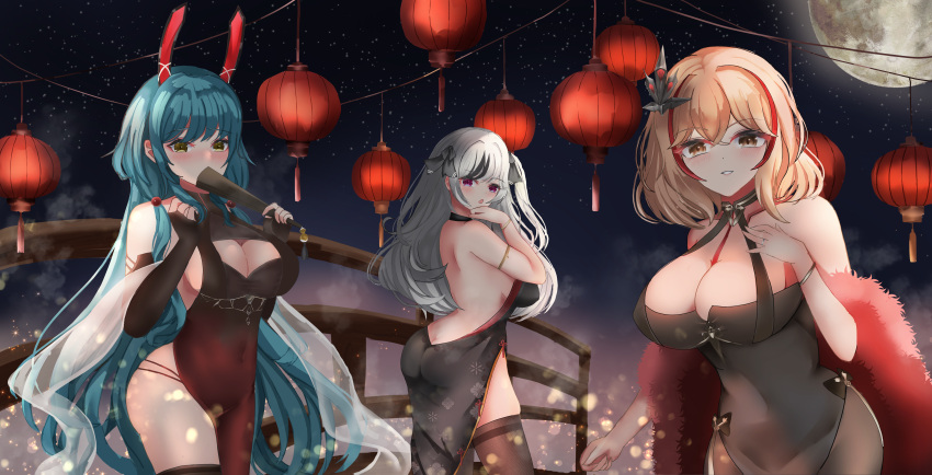 :o absurdres animal_ears ass azur_lane backless_dress backless_outfit bare_shoulders black_dress black_gloves black_hair blonde_hair blush boise_(azur_lane) boise_(jade_mermaid)_(azur_lane) breasts cleavage dress elbe_(azur_lane) elbow_gloves fake_animal_ears feather_boa fingerless_gloves folding_fan gloves grey_hair hair_ornament halter_dress halterneck hand_fan highres holding holding_fan jewelry lantern lantern_festival large_breasts looking_at_viewer multicolored_hair official_alternate_costume paper_lantern rabbit_ears red_hair rei_tuki ring roon_(azur_lane) roon_(viridescent_lullaby)_(azur_lane) short_hair sky_lantern sleeveless sleeveless_dress streaked_hair tight tight_dress two-tone_hair wedding_band