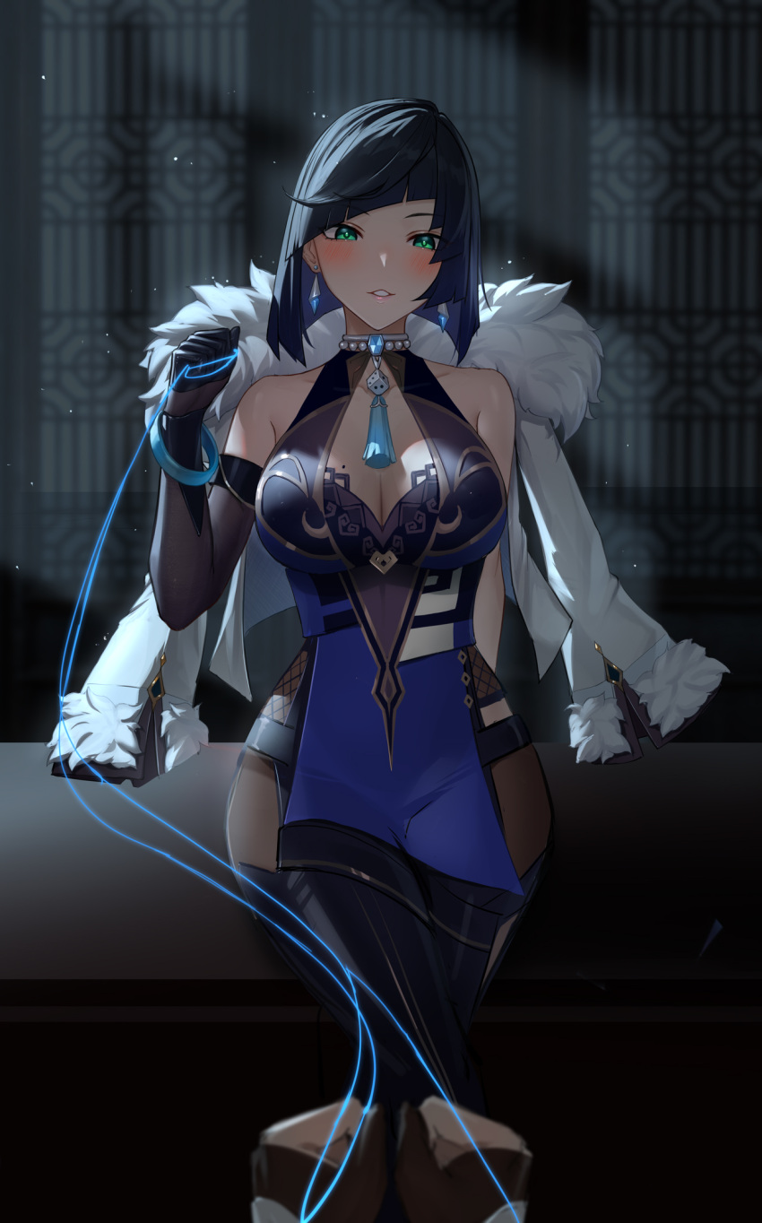 1girl 1other anming arm_behind_back bangs bare_shoulders bead_choker blue_hair blush bob_cut bodysuit bound bound_wrists bracelet breasts choker collarbone crossed_legs diagonal_bangs dice earrings elbow_gloves fishnets fur-trimmed_jacket fur_trim genshin_impact gloves green_eyes highres hip_vent holding holding_string jacket jacket_on_shoulders jewelry looking_at_viewer mole mole_on_breast parted_lips pelvic_curtain pov short_hair sitting sleeveless solo_focus string tassel thread white_choker white_jacket wide_hips yelan_(genshin_impact)
