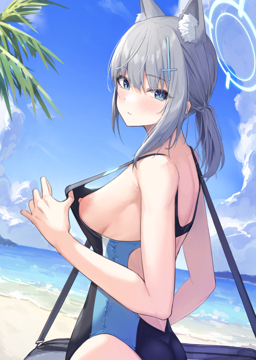 1girl animal_ear_fluff animal_ears bag bangs beach blue_archive blue_eyes blue_sky blush breasts closed_mouth clothes_pull cloud commentary_request cross_hair_ornament day extra_ears from_side gohei_(aoi_yuugure) grey_hair hair_between_eyes hair_ornament halo highres holding holding_bag looking_at_viewer medium_breasts mismatched_pupils nipples ocean one-piece_swimsuit outdoors ponytail pulled_by_self shiroko_(blue_archive) shiroko_(swimsuit)_(blue_archive) sideboob sky solo swimsuit swimsuit_pull wolf_ears