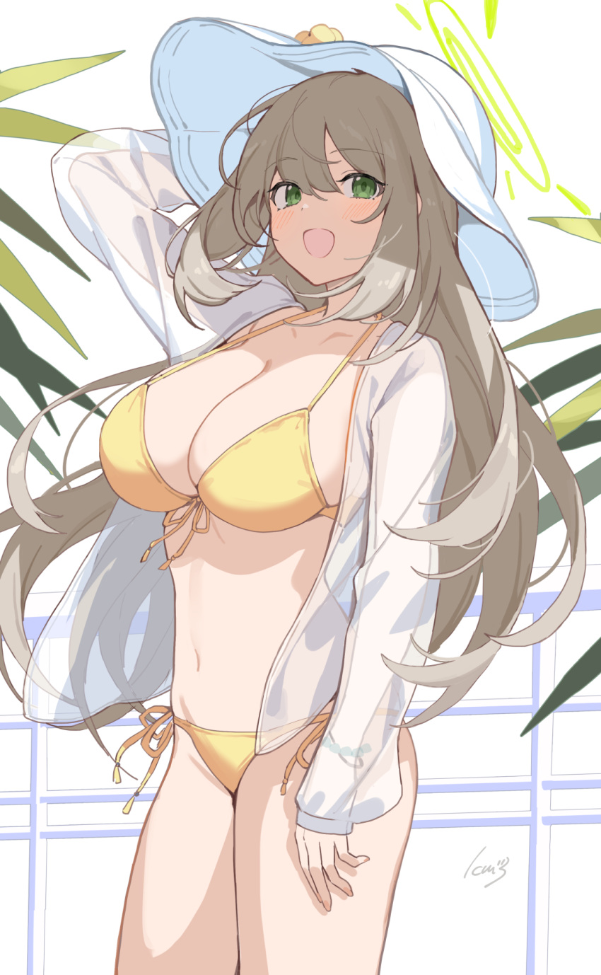 1girl arm_up bangs banned_artist bikini blue_archive blush breasts brown_hair cleavage collarbone cowboy_shot front-tie_bikini front-tie_top green_eyes halo hat highres icomochi large_breasts long_hair long_sleeves looking_at_viewer navel nonomi_(blue_archive) open_clothes open_mouth orange_bikini shirt side-tie_bikini signature smile solo stomach string_bikini sun_hat swimsuit thighs white_headwear white_shirt yellow_bikini