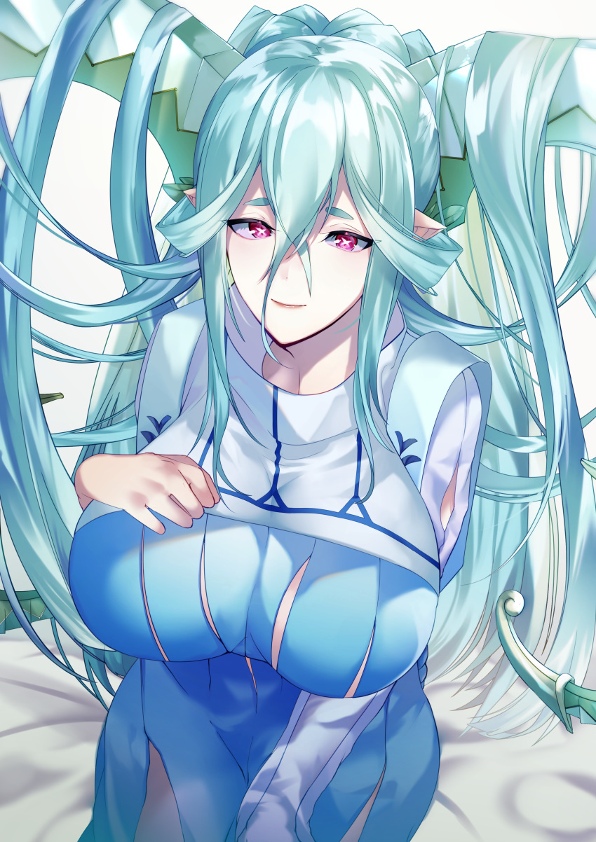 1girl absurdres bangs blue_dress blue_hair breasts crossed_bangs curled_horns dragon_girl dress fate/grand_order fate_(series) hair_between_eyes highres horns huge_breasts jakku_(ryuuto_second) larva_tiamat_(fate) long_hair long_horns looking_at_viewer pointy_ears purple_eyes solo symbol-shaped_pupils tiamat_(fate) very_long_hair x_x