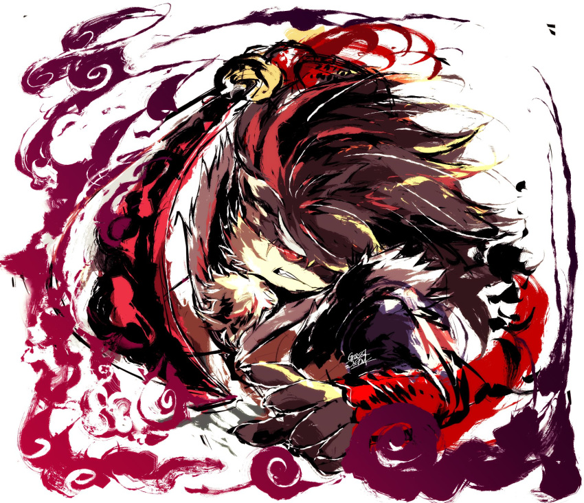 1boy animal_ears armor black_hair brown_hair colored_sclera commentary_request dog_boy dog_ears fighting_stance fire furry furry_male grassjeak highres holding holding_sword holding_weapon japanese_armor japanese_clothes kote male_focus ponytail red_sclera scar scar_on_face shino_(housamo) signature solo sword tokyo_afterschool_summoners upper_body weapon white_background