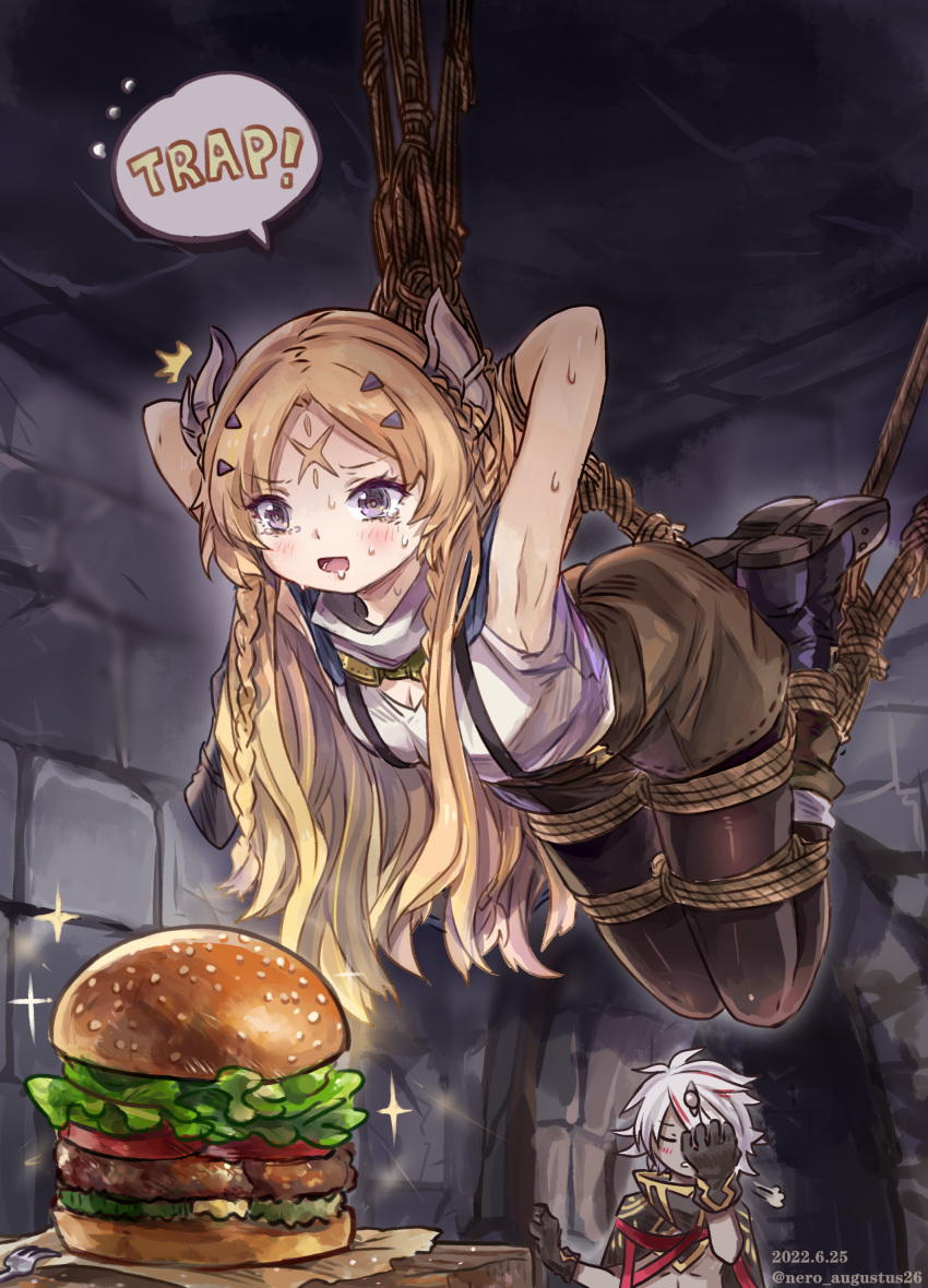 1boy 1girl absurdres armpits arms_up bdsm black_legwear blonde_hair bondage bound braid burger chinese_commentary drooling duel_monster dungeon english_text facepalm facial_mark fallen_of_albaz food forehead_mark french_braid full_body highres incredible_ecclesia_the_virtuous long_hair nero_augustus26 restrained saliva shirt shorts sleeveless solo_focus tied_up_(nonsexual) very_long_hair white_shirt yu-gi-oh!