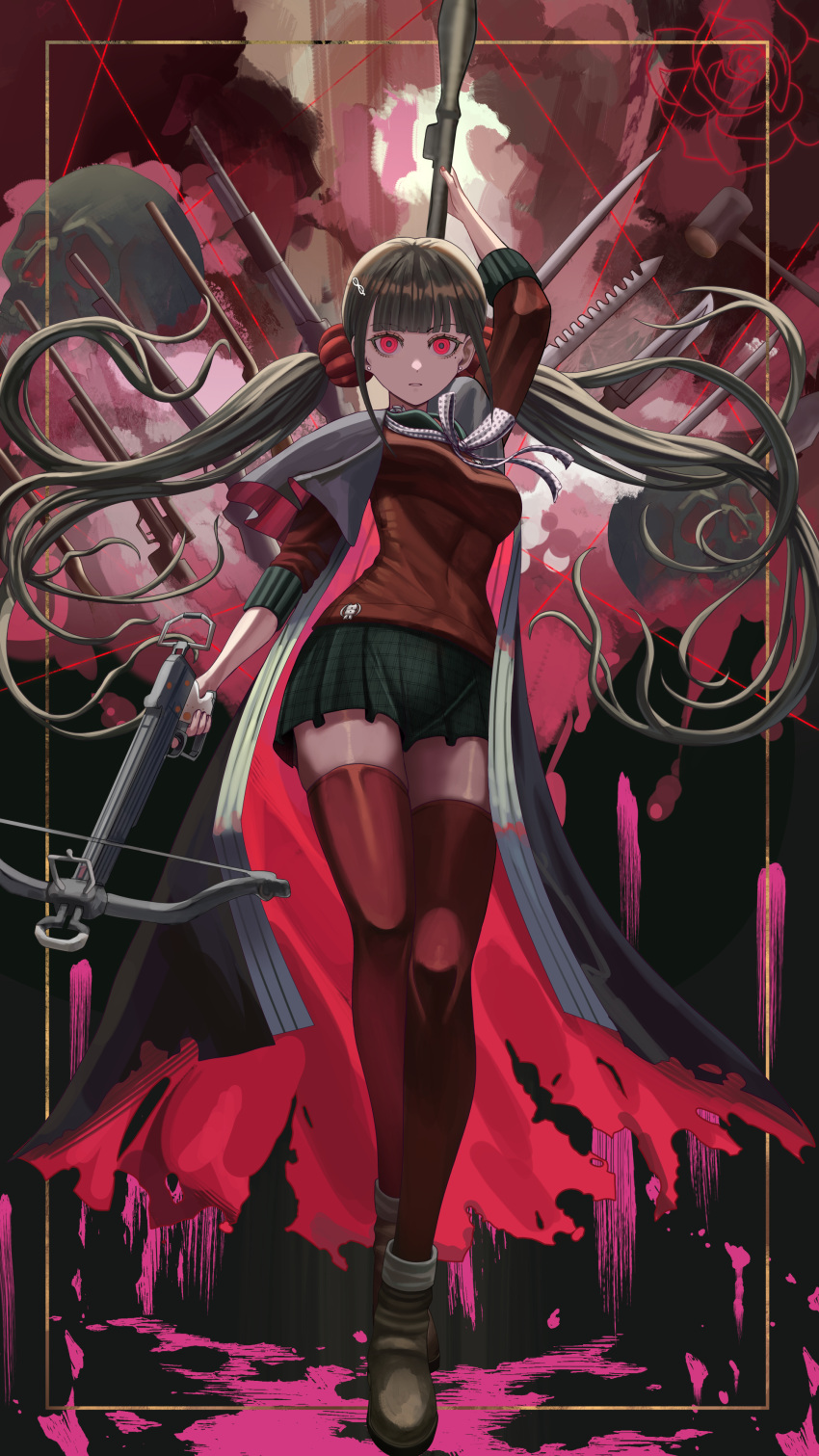1girl absurdres alternate_costume arm_up bangs black_skirt blood brown_footwear brown_hair crossbow danganronpa_(series) danganronpa_v3:_killing_harmony full_body gun hair_ornament hairclip harukawa_maki highres holding holding_crossbow holding_weapon knife long_hair looking_at_viewer miniskirt mole mole_under_eye pink_blood red_eyes red_scrunchie red_shirt school_uniform scrunchie shiny shiny_skin shirt shoes silvertsuki skirt thighhighs torn_clothes twintails weapon