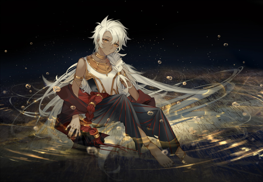 1boy anklet arlizi barefoot black_nails braid bubble cape_removed collarbone dark-skinned_male dark_skin expressionless fate/grand_order fate_(series) front_braid hair_over_shoulder hakama head_tilt japanese_clothes jewelry long_hair looking_at_viewer male_focus necklace ring ripples sideways_glance single_braid sitting sleeveless solo solomon_(fate) tattoo very_long_hair water white_hair yellow_eyes