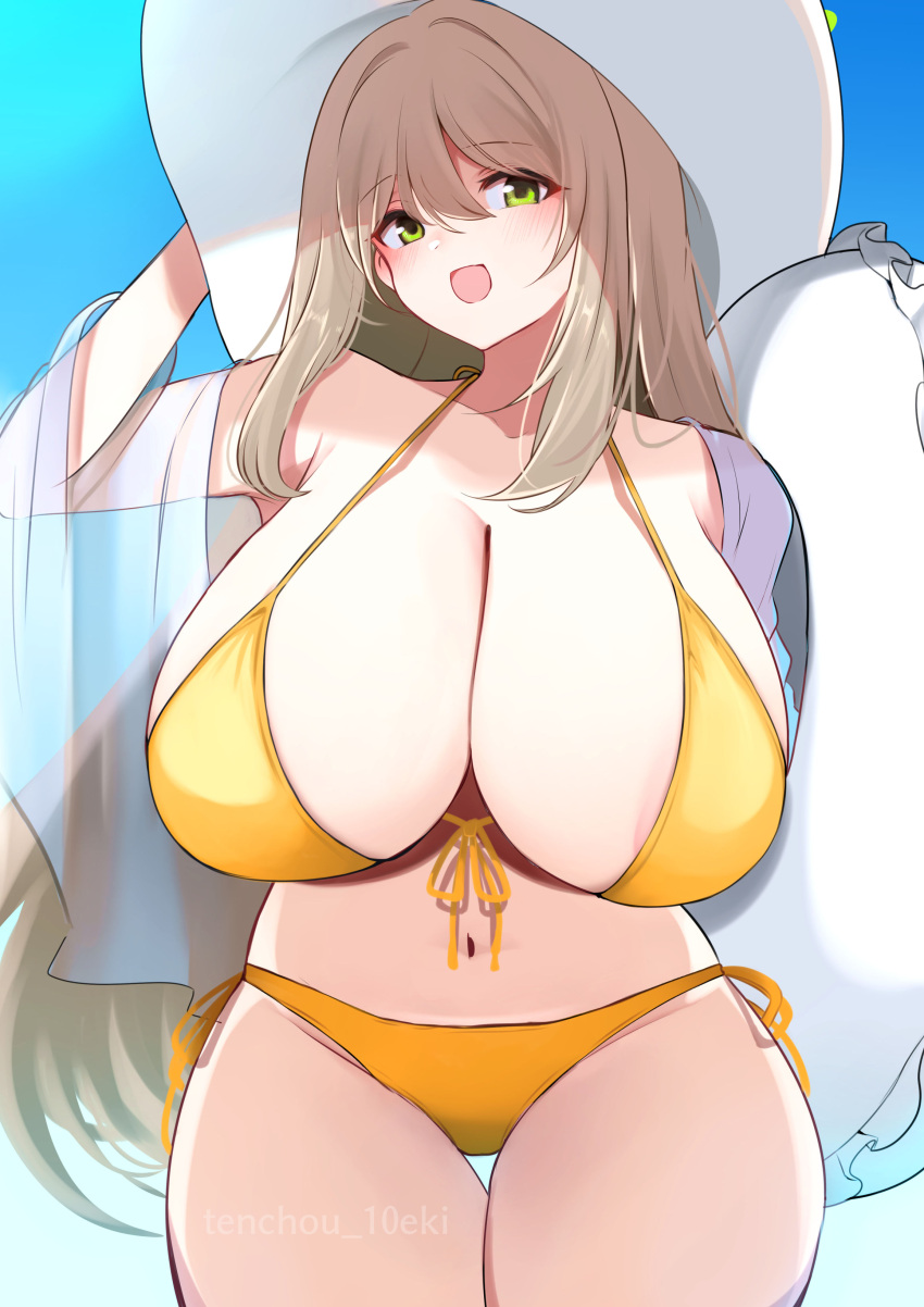 10eki_(tenchou) 1girl absurdres bangs bare_shoulders beach bikini blue_archive blue_sky blush breasts cleavage collarbone green_eyes halo hat highres huge_breasts innertube long_hair looking_at_viewer navel nonomi_(blue_archive) nonomi_(swimsuit)_(blue_archive) sidelocks sky smile solo sun_hat swept_bangs swimsuit thighs white_headwear yellow_bikini