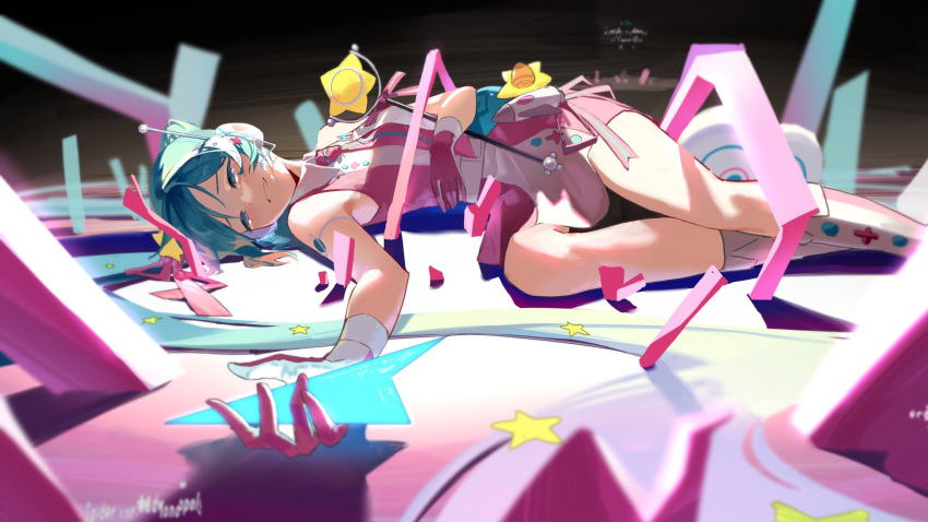 1girl aqua_eyes aqua_hair chinese_commentary commentary dress future_eve_(vocaloid) gloves glowing hair_ornament happy_tears hatsune_miku headphones highres holding holding_wand jiuyesang light_blush long_hair lying magimirai_miku_(2022) microphone_wand necktie on_floor on_side outstretched_arm parted_lips pink_dress pink_gloves pink_necktie radio_antenna rocket_ship smile solo spacecraft star_(symbol) star_hair_ornament tears twintails very_long_hair vocaloid wand