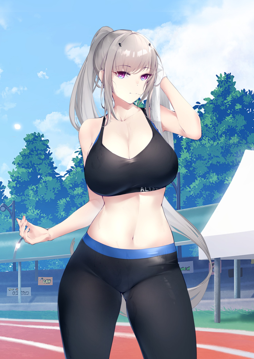 1girl absurdres bare_shoulders blue_eyes breasts bright_pupils cleavage collarbone contrapposto counter:side cowboy_shot grey_hair hand_on_own_head highres kruup large_breasts leggings light_smile long_hair looking_at_viewer navel outdoors pants ponytail purple_eyes seo_yoon sidelocks solo sportswear sweat tight tight_pants towel track_and_field very_long_hair wiping_sweat
