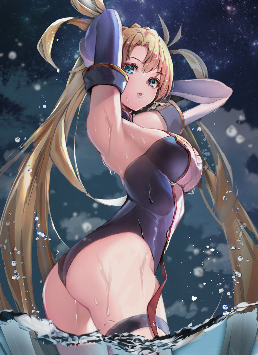 1girl absurdres armpits arms_behind_head arms_up ass bangs bare_shoulders blonde_hair blue_eyes blue_gloves blue_leotard blush bradamante_(fate) bradamante_(first_ascension)_(fate) braid breasts crown_braid elbow_gloves fate/grand_order fate_(series) gloves highleg highleg_leotard highres large_breasts leotard long_hair looking_at_viewer night night_sky parted_lips sky solo star_(sky) starry_sky suishougensou thigh_strap thighs twintails two-tone_gloves two-tone_leotard very_long_hair wading water wet white_gloves white_leotard