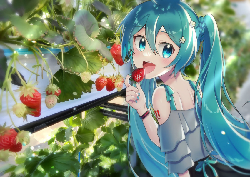 adapted_costume aqua_eyes aqua_hair bare_shoulders black_skirt commentary eating flower food from_behind fruit garden grey_shirt hair_flower hair_ornament hatsune_miku holding holding_food holding_fruit light_blush looking_back open_mouth outdoors plant shirt skirt spaghetti_strap strawberry supo01 twintails upper_body vocaloid watch white_flower