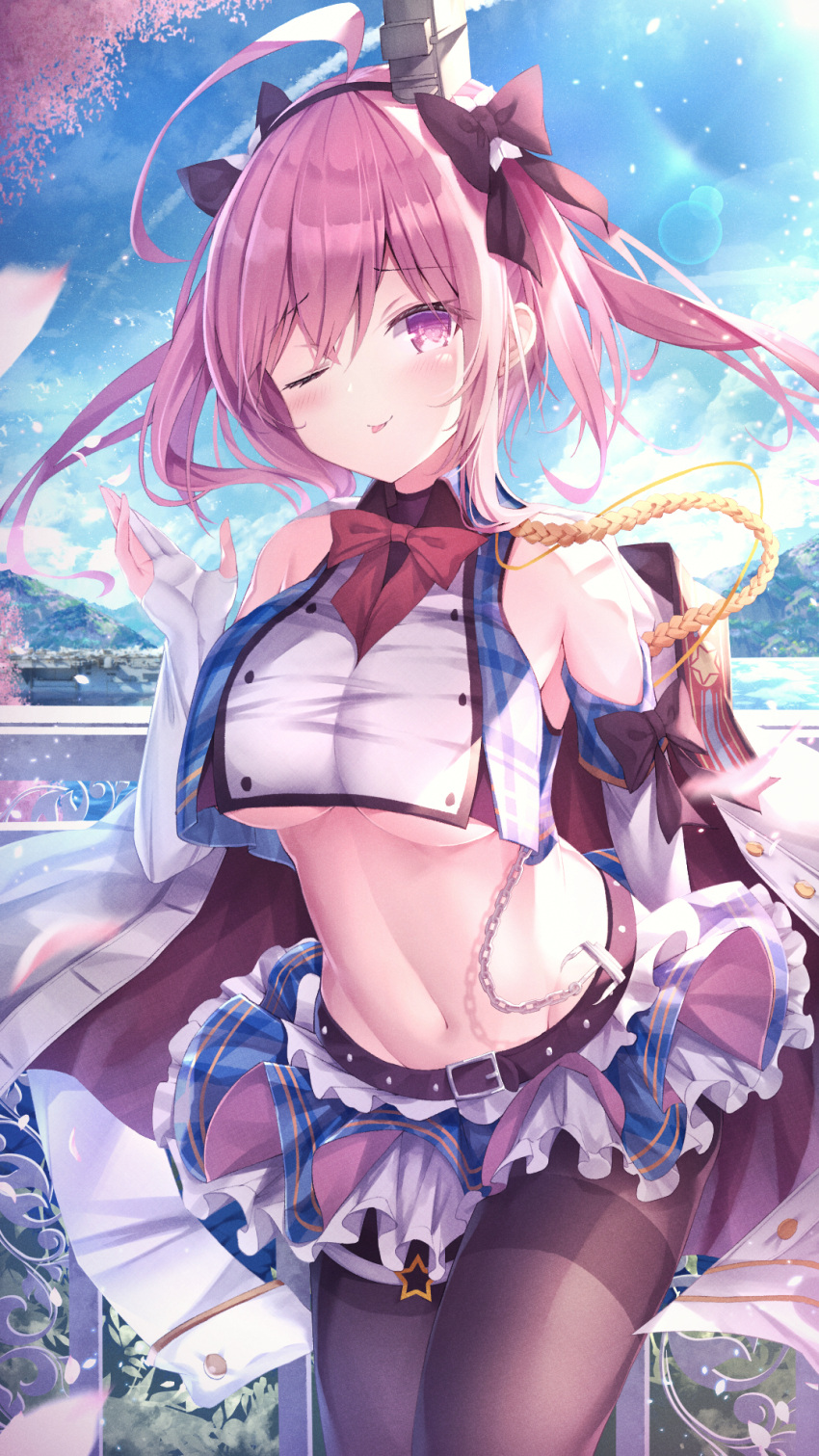 1girl ahoge azur_lane bangs bare_shoulders black_legwear blush bow breasts dress gloves hair_between_eyes hair_ornament hair_ribbon hairband highres long_hair looking_at_viewer manman_manyou_haiyang_de_paomo navel pantyhose pink_hair purple_eyes ribbon saratoga_(azur_lane) smile solo stomach twintails