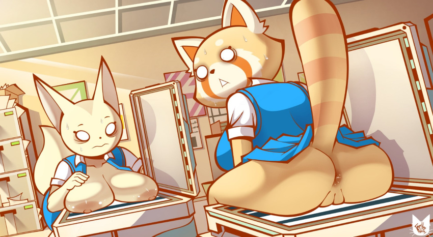 aggressive_retsuko ailurid anthro biped bodily_fluids bottomwear box breasts canid canine caught_off_guard clothing container duo embarrassed female fennec fenneko fox genitals hi_res looking_at_viewer mammal nipples office pussy raised_tail red_panda retsuko sanrio scanner skirt sweat tophatmahoney